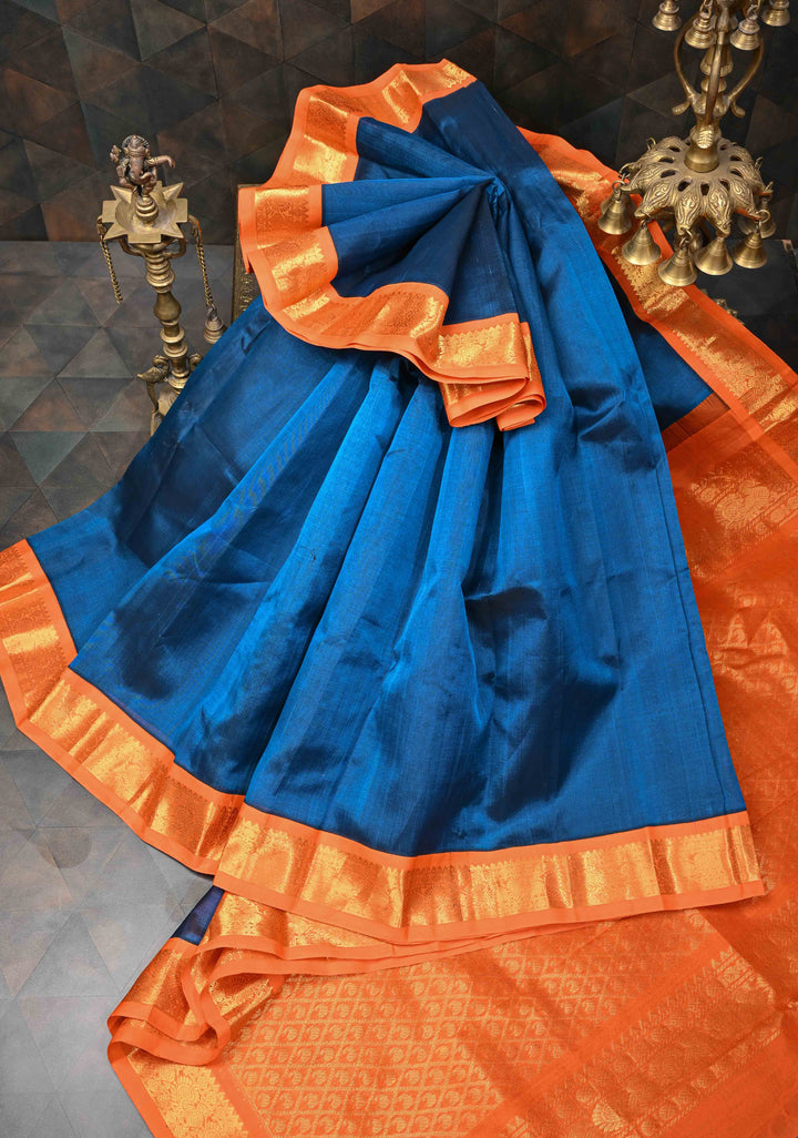 Peacock Blue Kanchi Silk Cotton Saree with Contrast Zari Border, 100% Handloom
