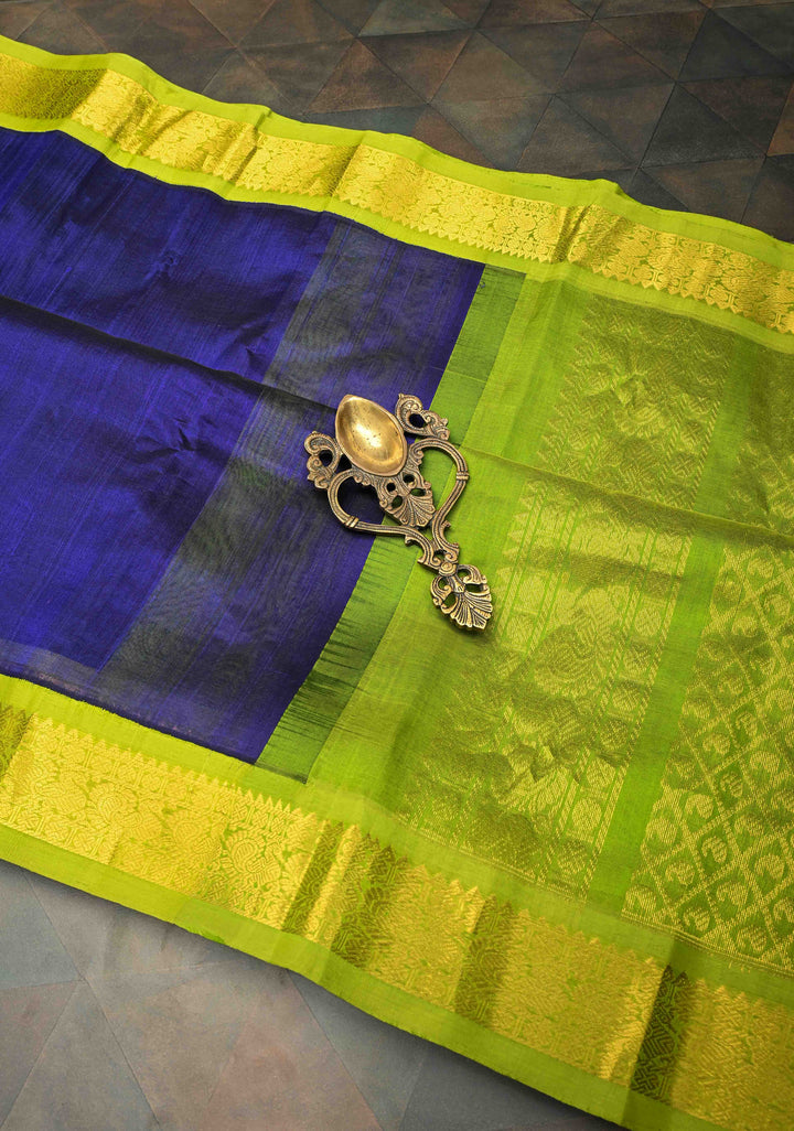 Royal Blue Kanchi Silk Cotton Saree with a Contrast Lime Green Zari Border, Korvai Handloom Saree