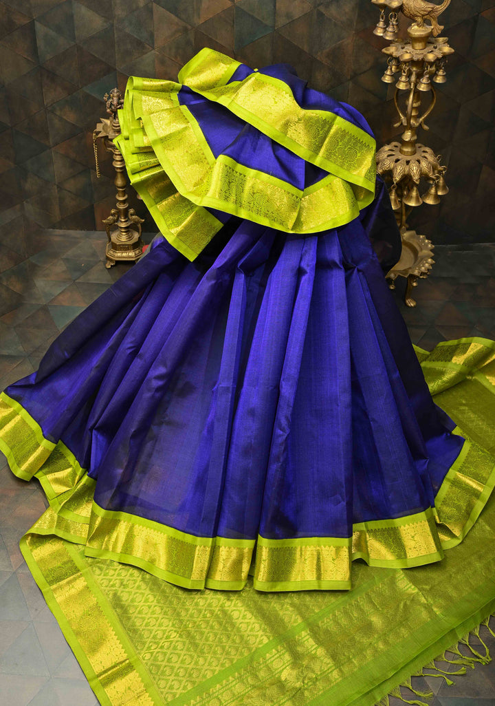 Royal Blue Kanchi Silk Cotton Saree with a Contrast Lime Green Zari Border, Korvai Handloom Saree