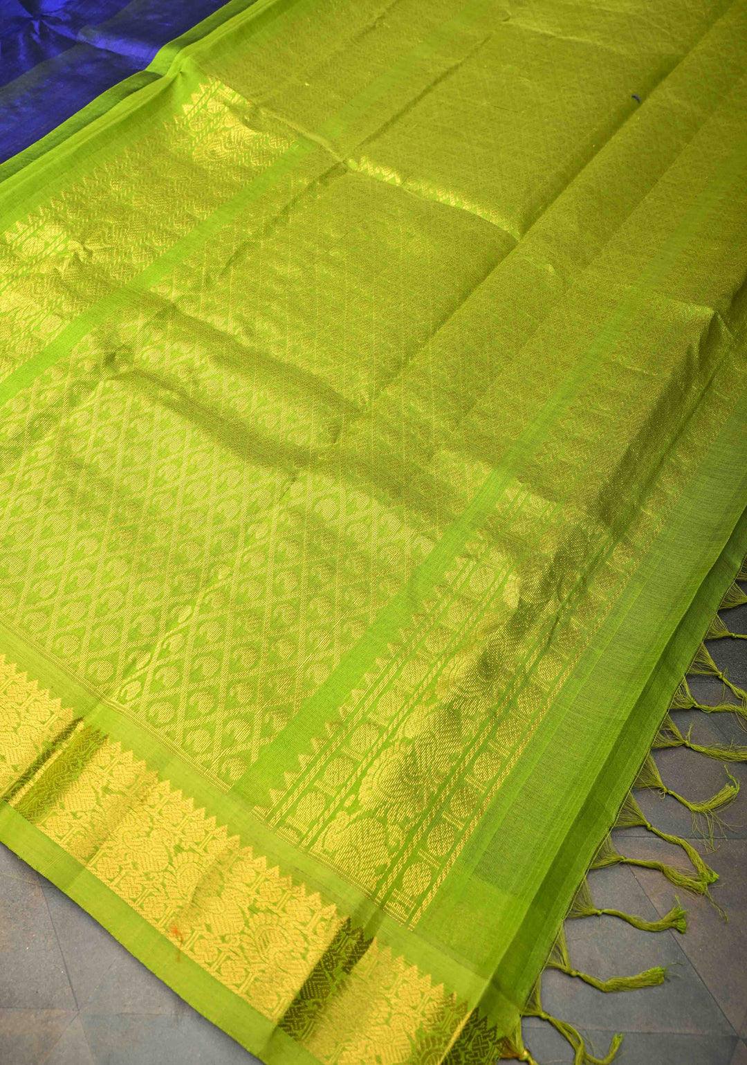 Royal Blue Kanchi Silk Cotton Saree with a Contrast Lime Green Zari Border, Korvai Handloom Saree