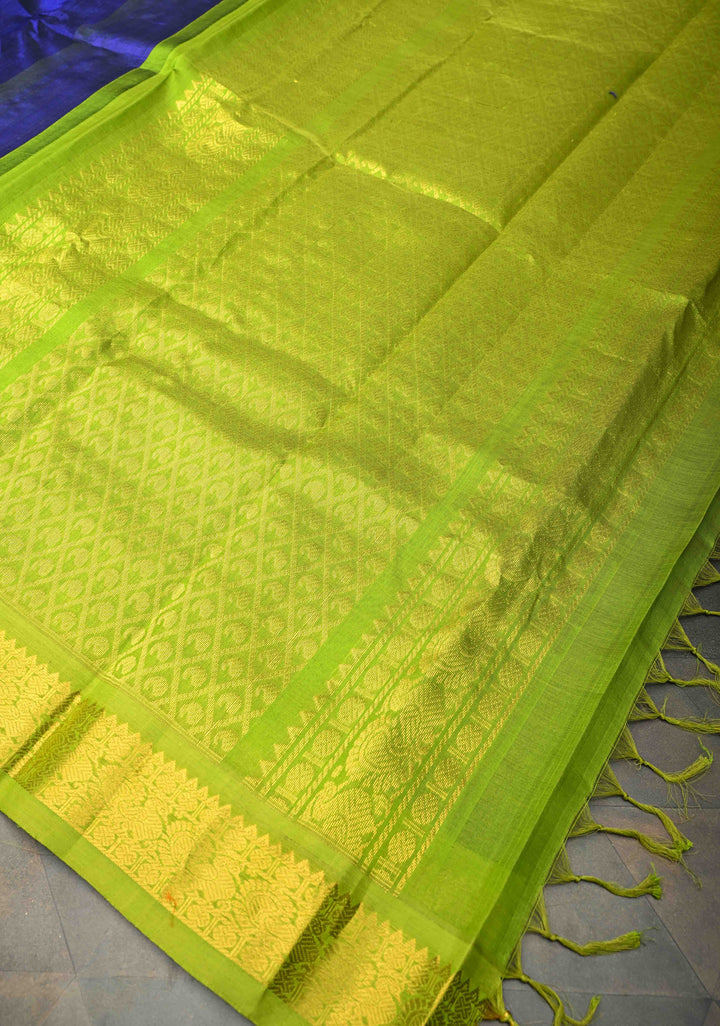 Royal Blue Kanchi Silk Cotton Saree with a Contrast Lime Green Zari Border, Korvai Handloom Saree