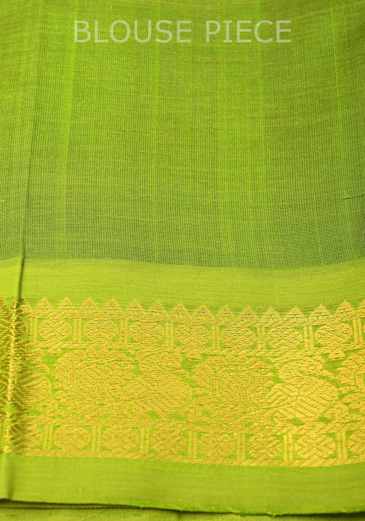 Royal Blue Kanchi Silk Cotton Saree with a Contrast Lime Green Zari Border, Korvai Handloom Saree