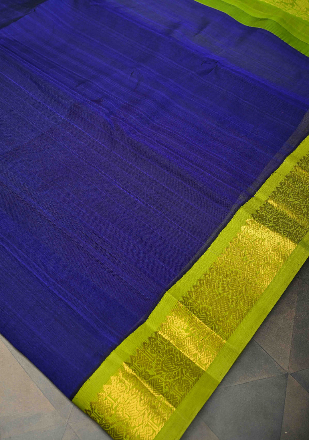 Royal Blue Kanchi Silk Cotton Saree with a Contrast Lime Green Zari Border, Korvai Handloom Saree