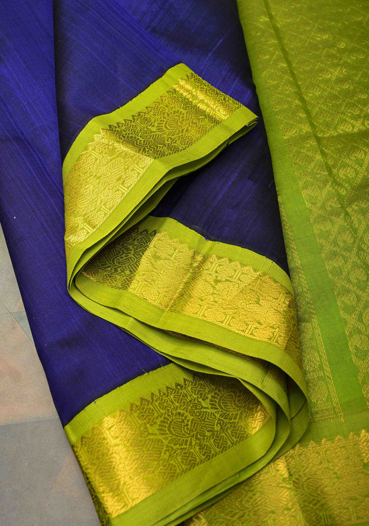 Royal Blue Kanchi Silk Cotton Saree with a Contrast Lime Green Zari Border, Korvai Handloom Saree