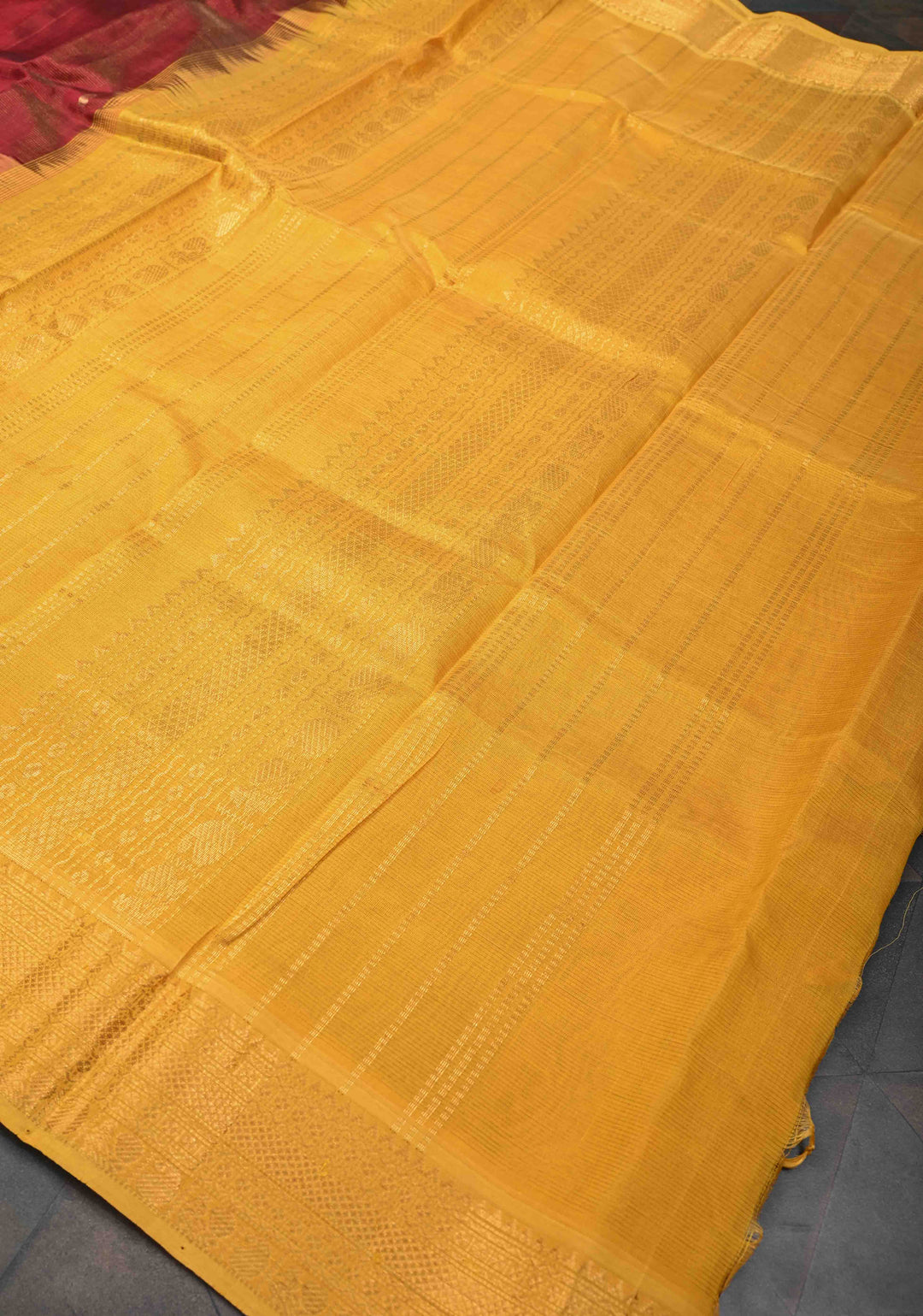 Maroon Vairaoosi Zari Stripes Kanchi Silk Cotton Korvai Handloom Saree with Zari Buttas and Contrast Zari Border