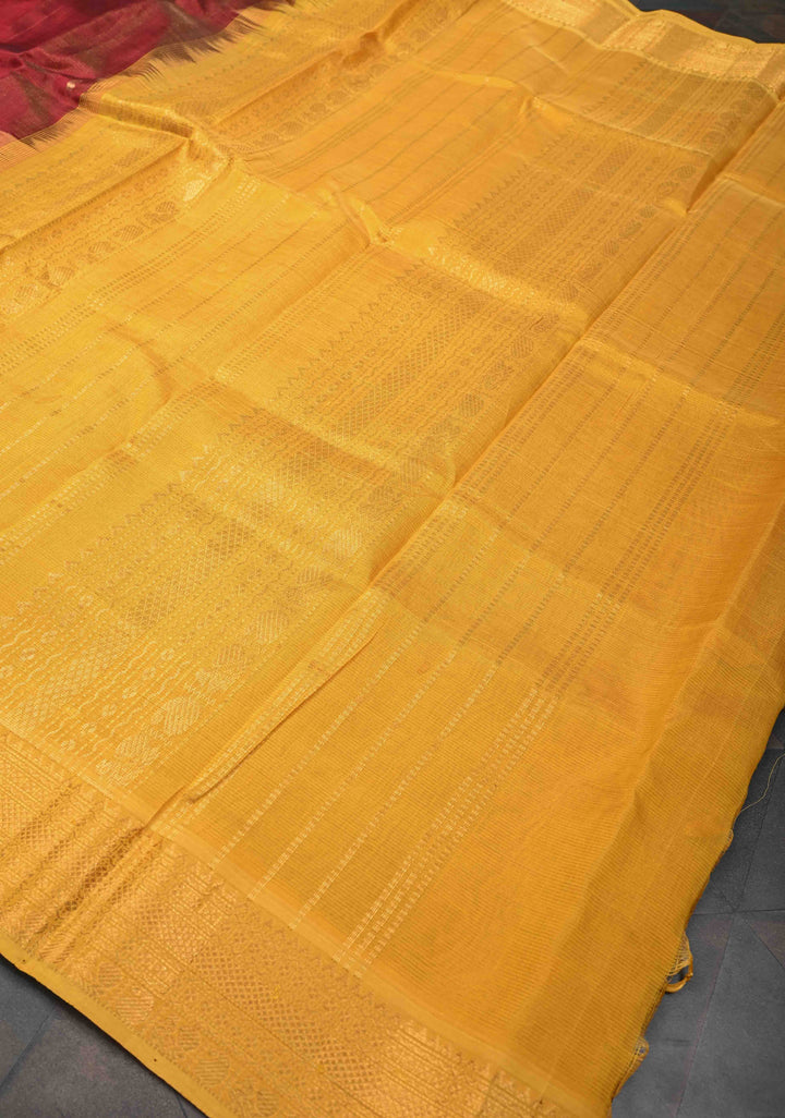 Maroon Vairaoosi Zari Stripes Kanchi Silk Cotton Korvai Handloom Saree with Zari Buttas and Contrast Zari Border
