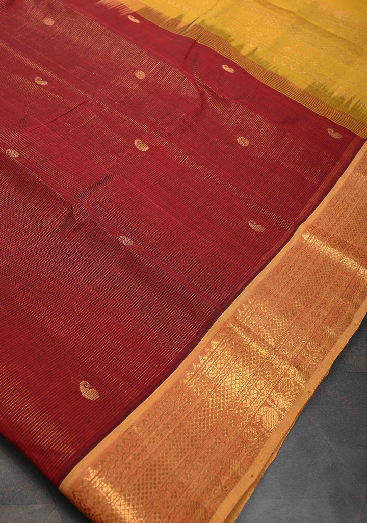 Maroon Vairaoosi Zari Stripes Kanchi Silk Cotton Korvai Handloom Saree with Zari Buttas and Contrast Zari Border