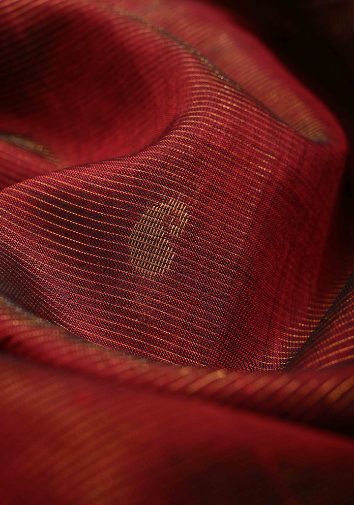 Maroon Vairaoosi Zari Stripes Kanchi Silk Cotton Korvai Handloom Saree with Zari Buttas and Contrast Zari Border