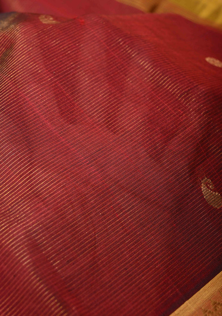 Maroon Vairaoosi Zari Stripes Kanchi Silk Cotton Korvai Handloom Saree with Zari Buttas and Contrast Zari Border