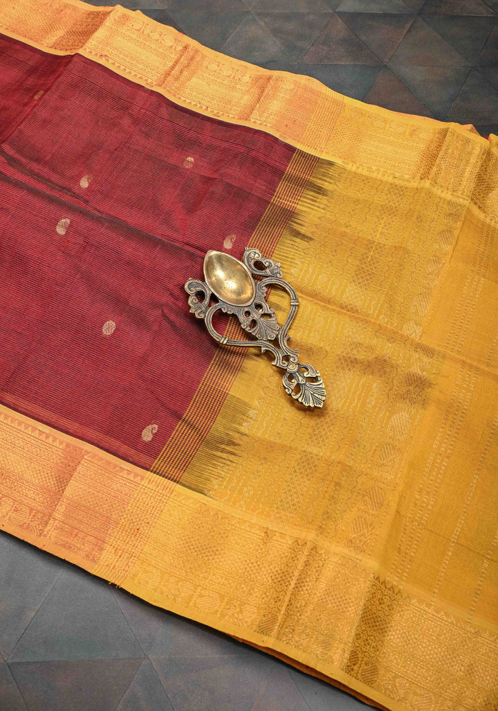 Maroon Vairaoosi Zari Stripes Kanchi Silk Cotton Korvai Handloom Saree with Zari Buttas and Contrast Zari Border