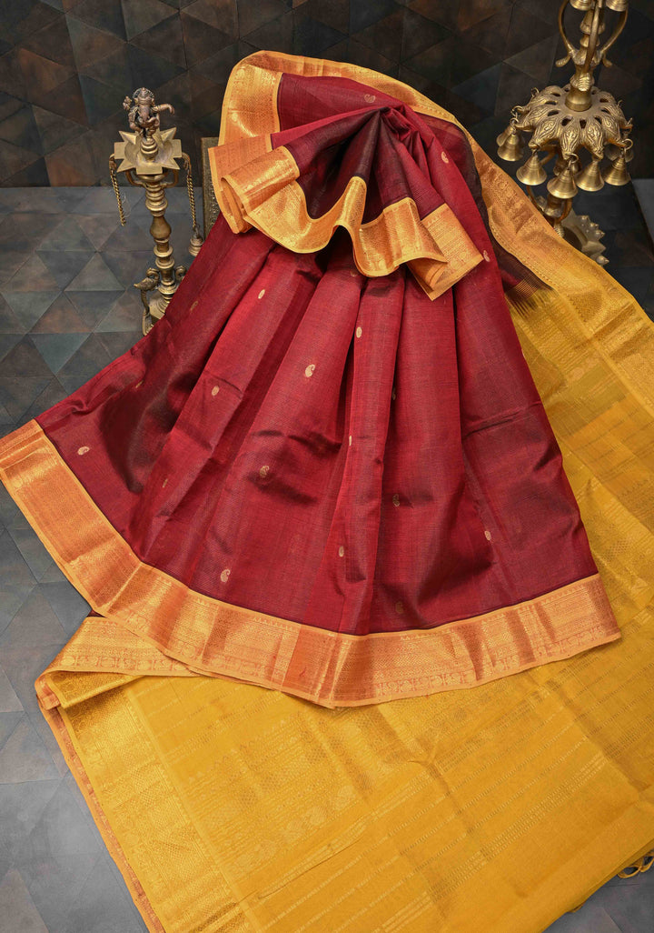 Maroon Vairaoosi Zari Stripes Kanchi Silk Cotton Korvai Handloom Saree with Zari Buttas and Contrast Zari Border