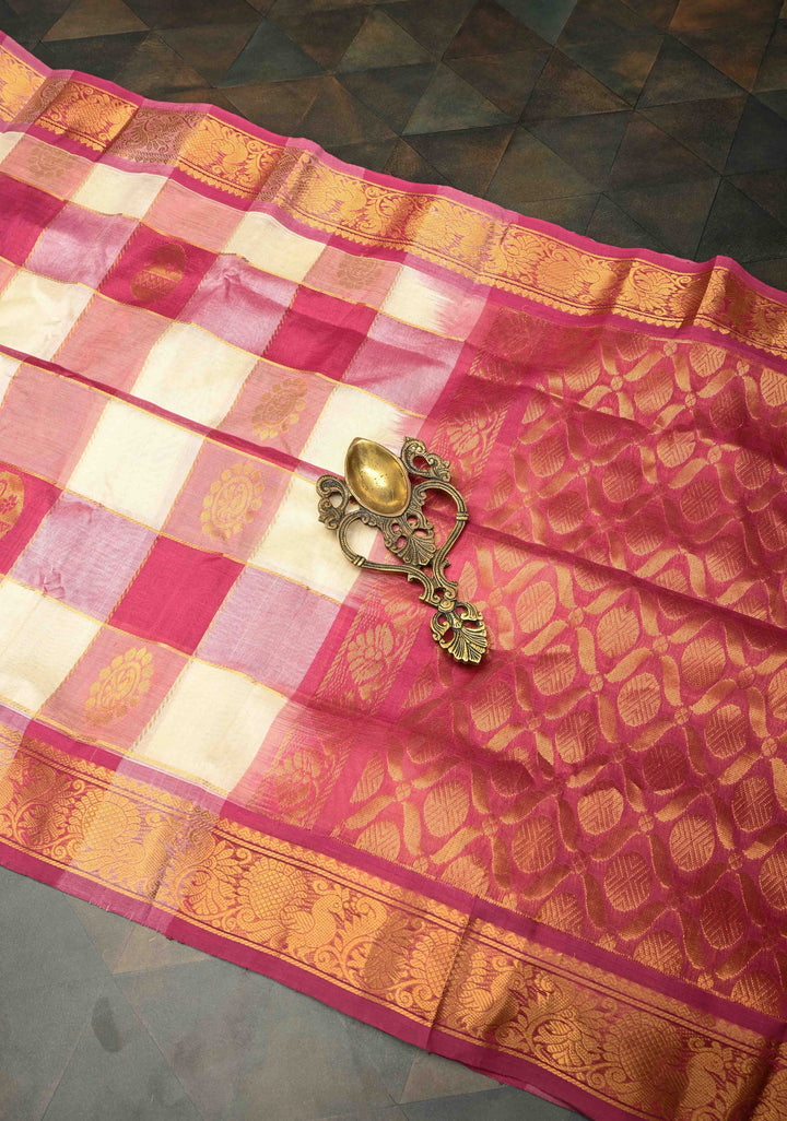 Pallum Pazhamum Kanchi Silk Cotton Saree with Paisley And Peacock Motifs And Zari Border