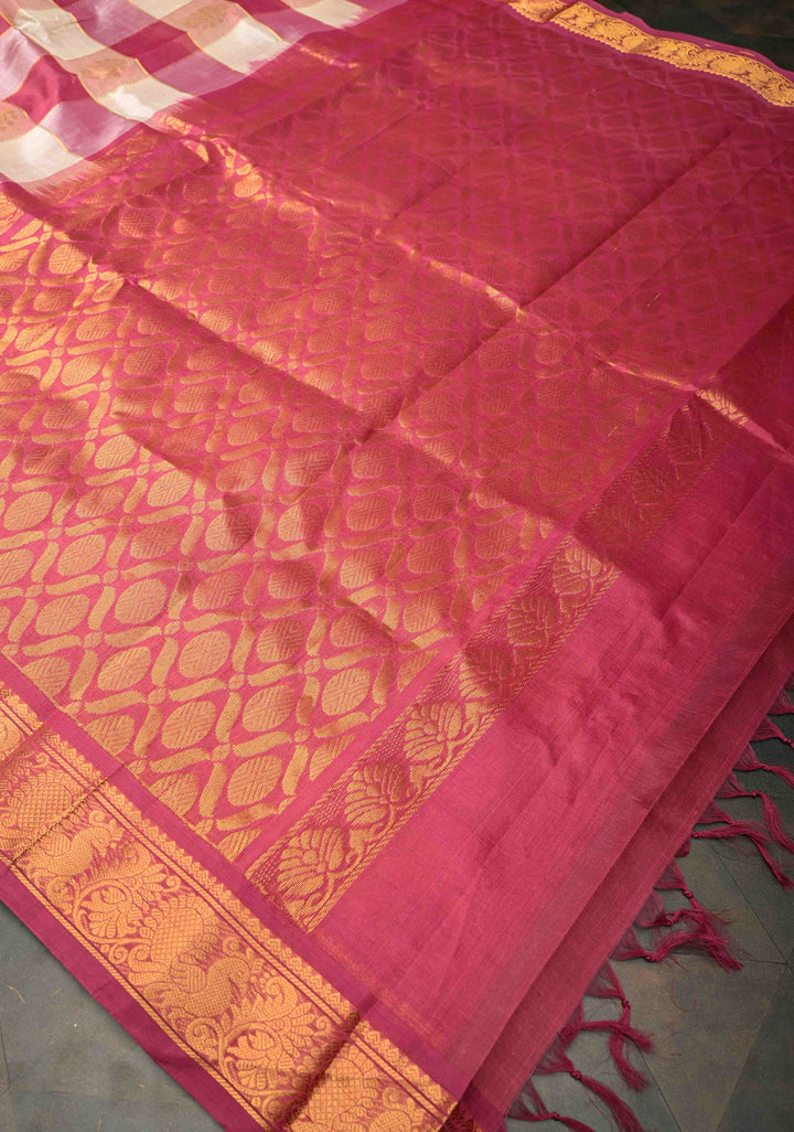 Pallum Pazhamum Kanchi Silk Cotton Saree with Paisley And Peacock Motifs And Zari Border