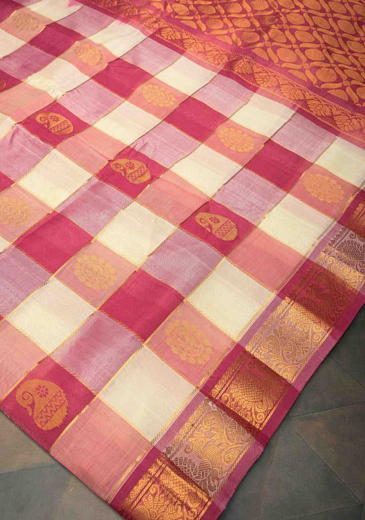 Pallum Pazhamum Kanchi Silk Cotton Saree with Paisley And Peacock Motifs And Zari Border