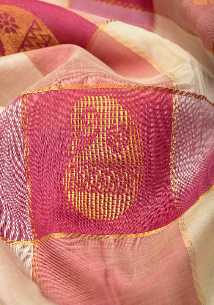 Pallum Pazhamum Kanchi Silk Cotton Saree with Paisley And Peacock Motifs And Zari Border