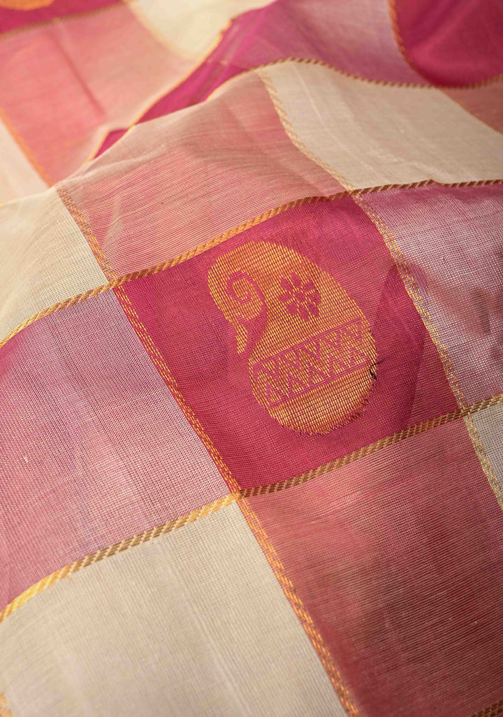 Pallum Pazhamum Kanchi Silk Cotton Saree with Paisley And Peacock Motifs And Zari Border