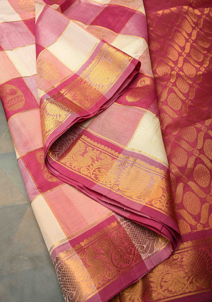 Pallum Pazhamum Kanchi Silk Cotton Saree with Paisley And Peacock Motifs And Zari Border