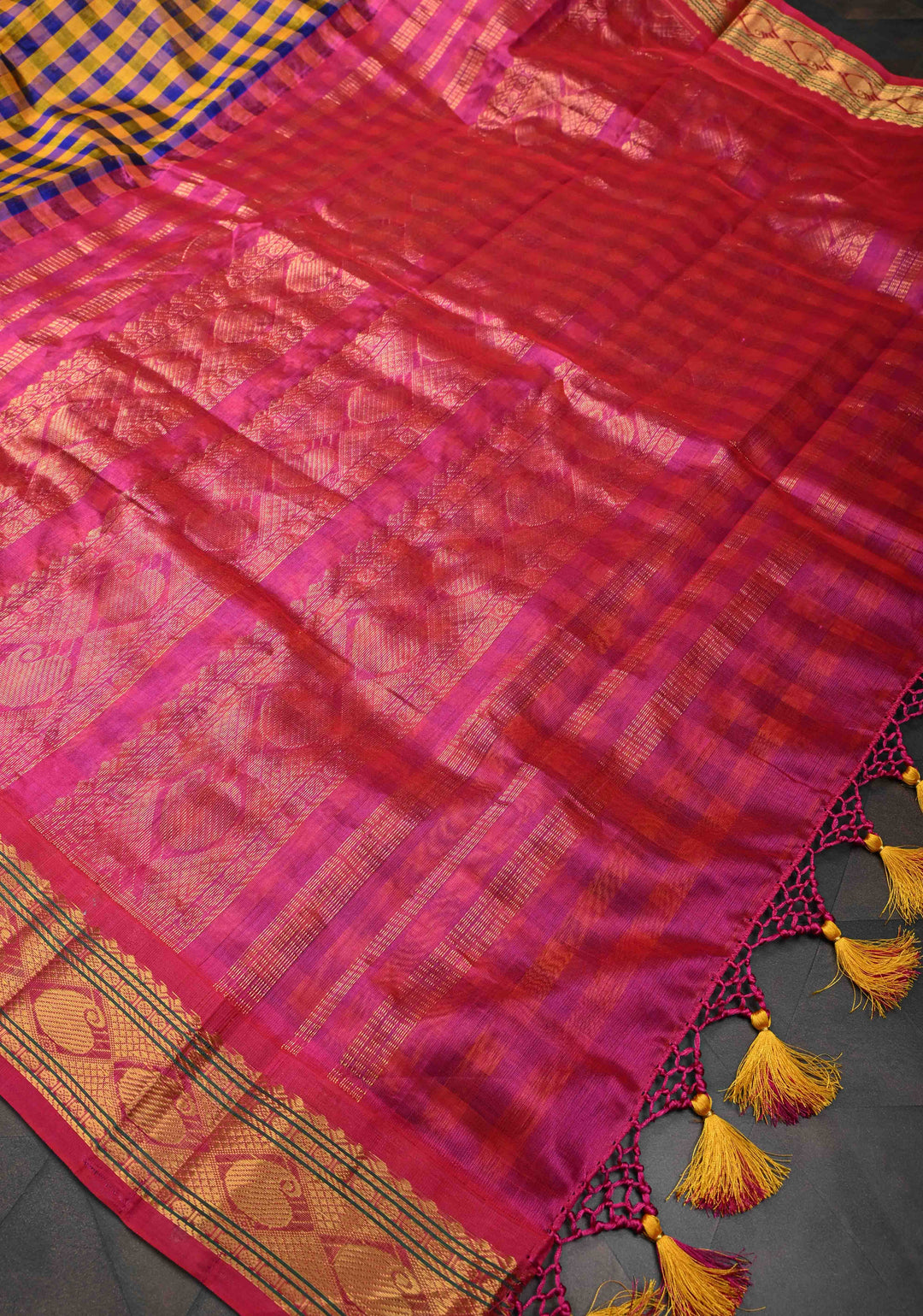 Yellow And Blue Checks Pattern Kanchi Silk Cotton 100% Handloom Saree with Contrast Zari Border