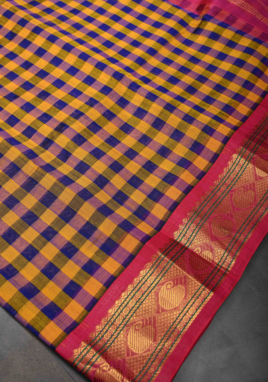 Yellow And Blue Checks Pattern Kanchi Silk Cotton 100% Handloom Saree with Contrast Zari Border