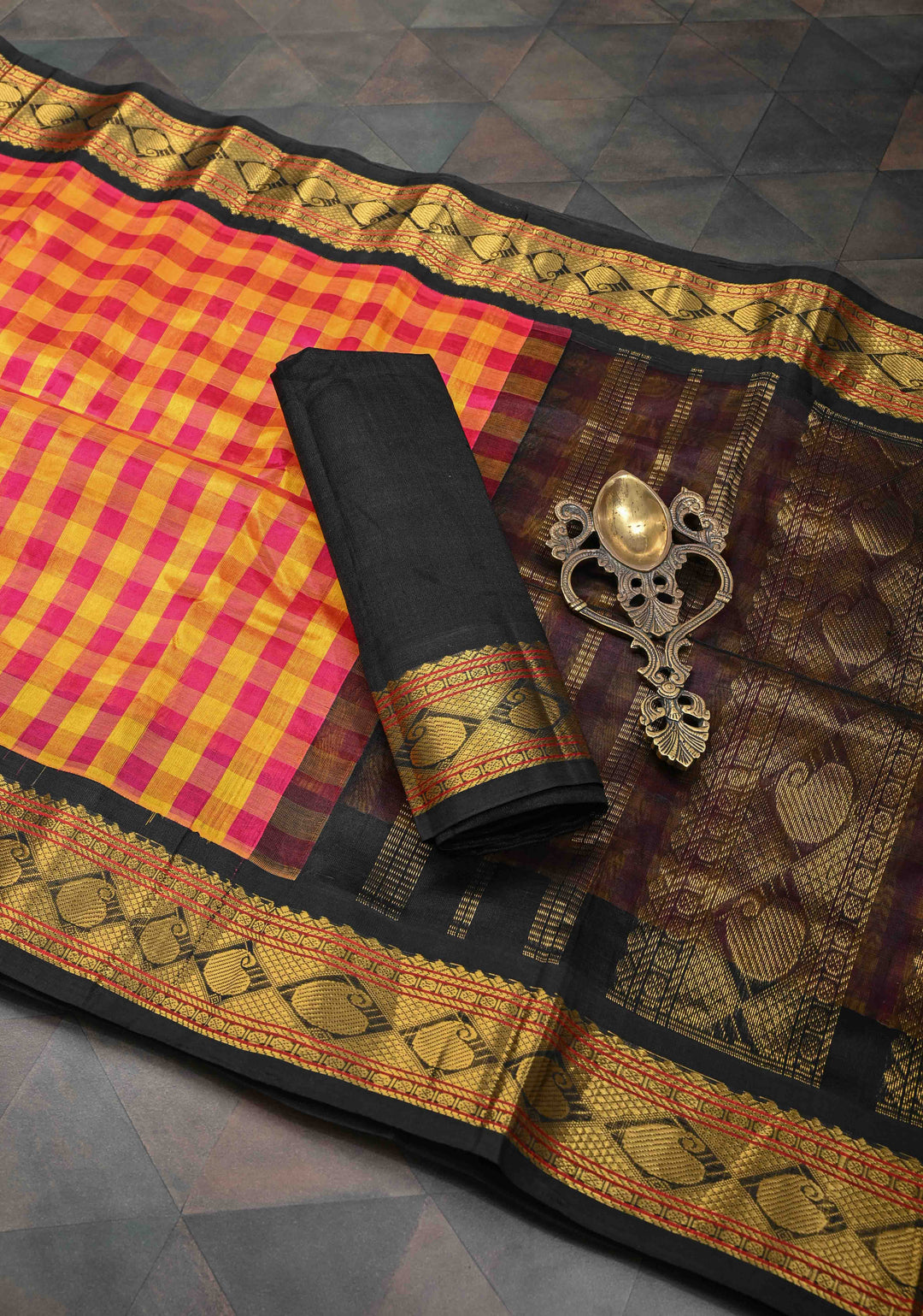 Pink And Yellow Checks Pattern Kanchi Silk Cotton Saree with Contrast Zari Border, 100% Handloom