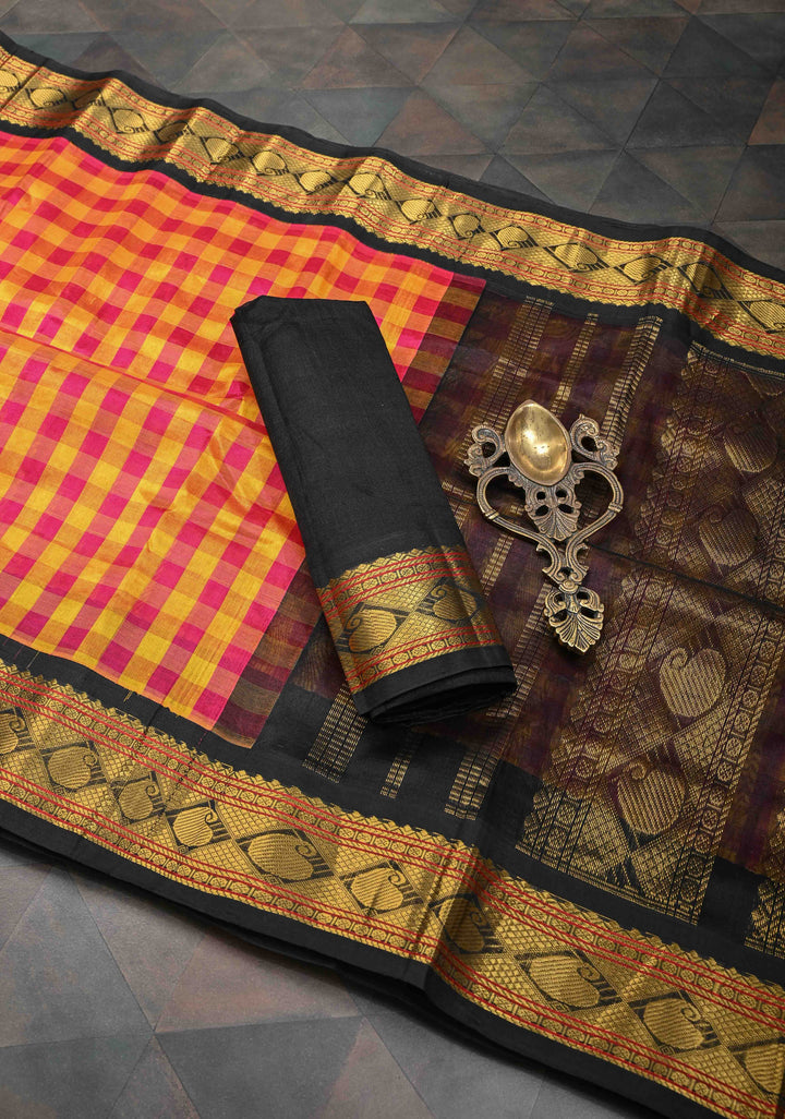 Pink And Yellow Checks Pattern Kanchi Silk Cotton Saree with Contrast Zari Border, 100% Handloom