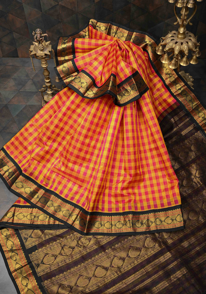 Pink And Yellow Checks Pattern Kanchi Silk Cotton Saree with Contrast Zari Border, 100% Handloom