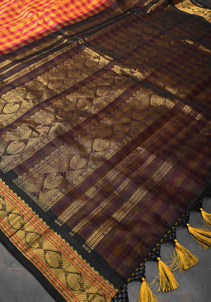 Pink And Yellow Checks Pattern Kanchi Silk Cotton Saree with Contrast Zari Border, 100% Handloom