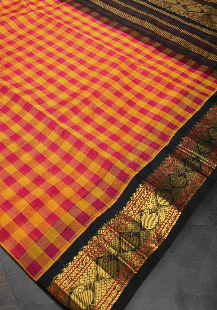 Pink And Yellow Checks Pattern Kanchi Silk Cotton Saree with Contrast Zari Border, 100% Handloom