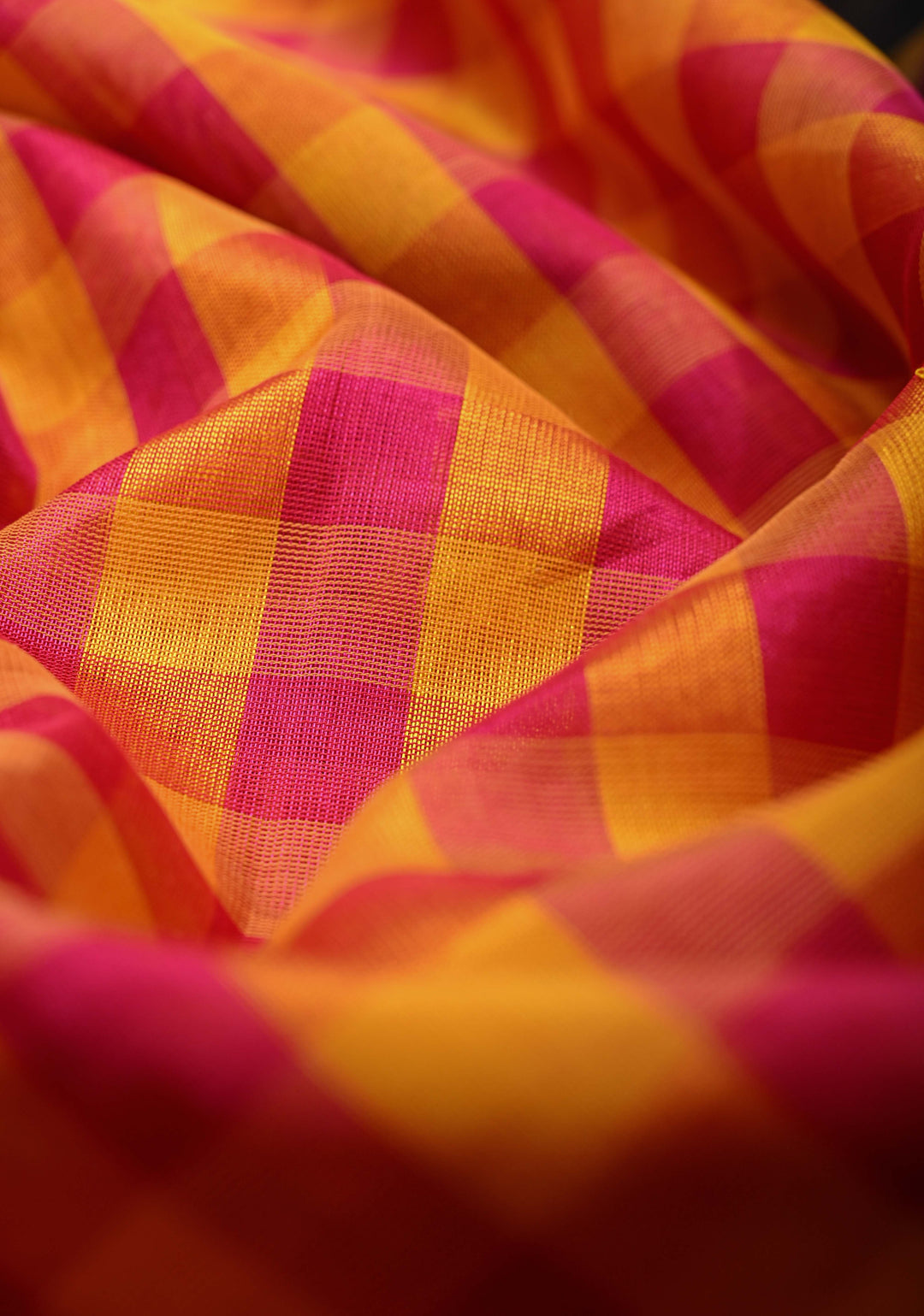 Pink And Yellow Checks Pattern Kanchi Silk Cotton Saree with Contrast Zari Border, 100% Handloom