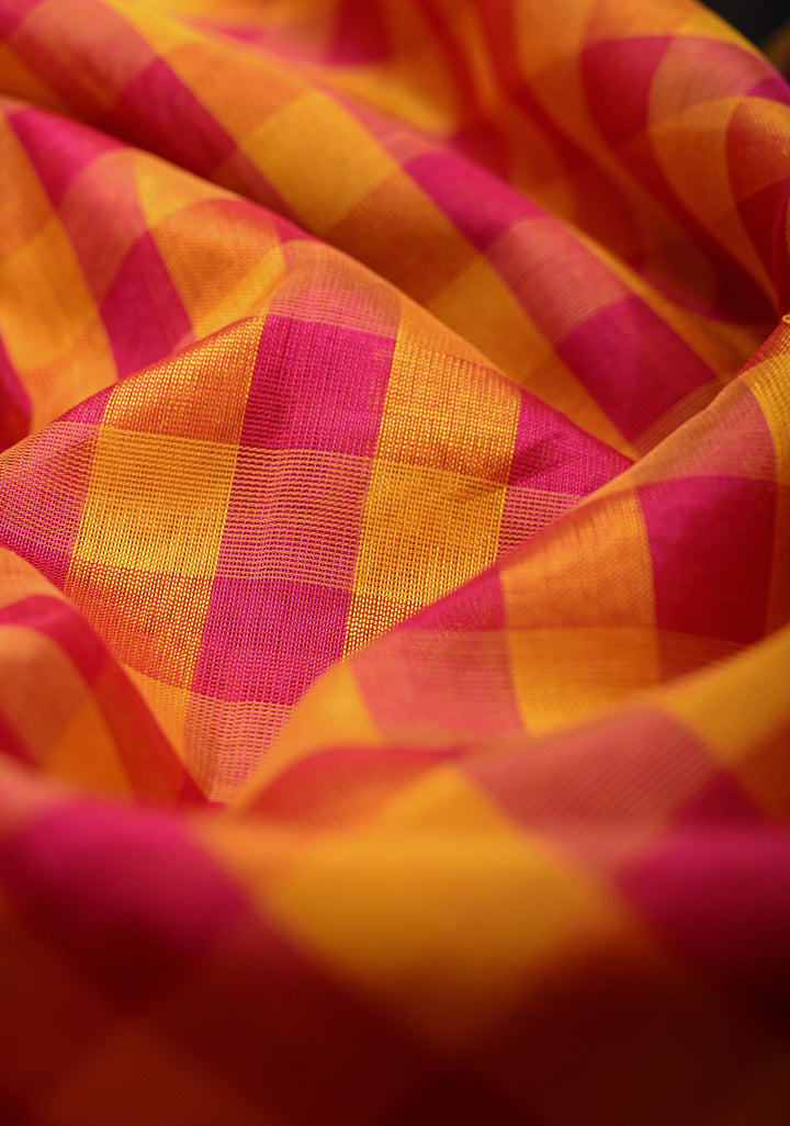 Pink And Yellow Checks Pattern Kanchi Silk Cotton Saree with Contrast Zari Border, 100% Handloom