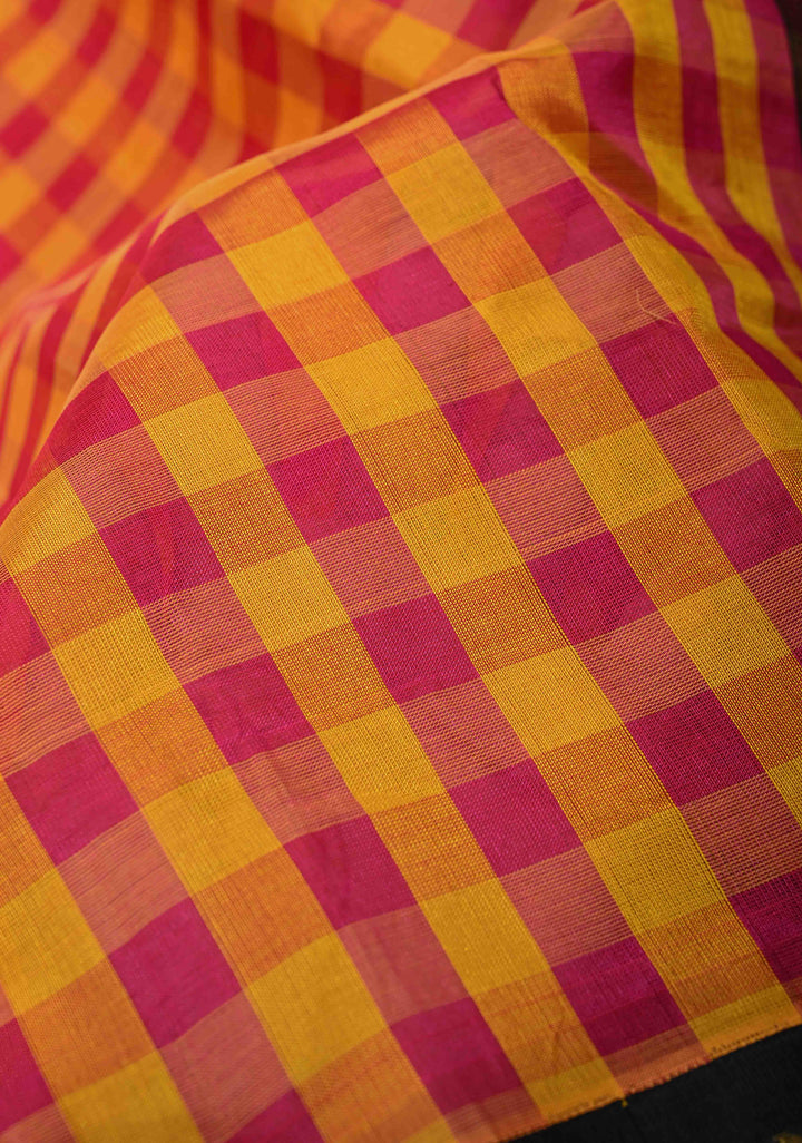 Pink And Yellow Checks Pattern Kanchi Silk Cotton Saree with Contrast Zari Border, 100% Handloom
