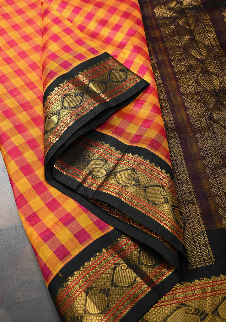 Pink And Yellow Checks Pattern Kanchi Silk Cotton Saree with Contrast Zari Border, 100% Handloom