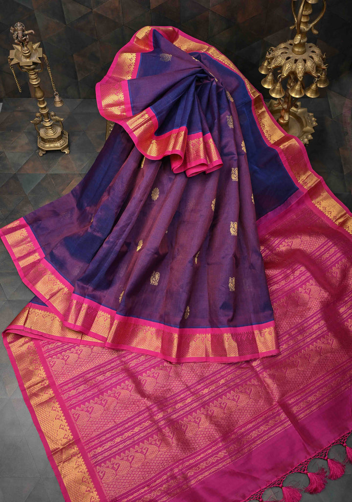 Purple Kanchi Silk Cotton 100% Handloom  Saree with Peacock Motifs and Contrast Zari Border