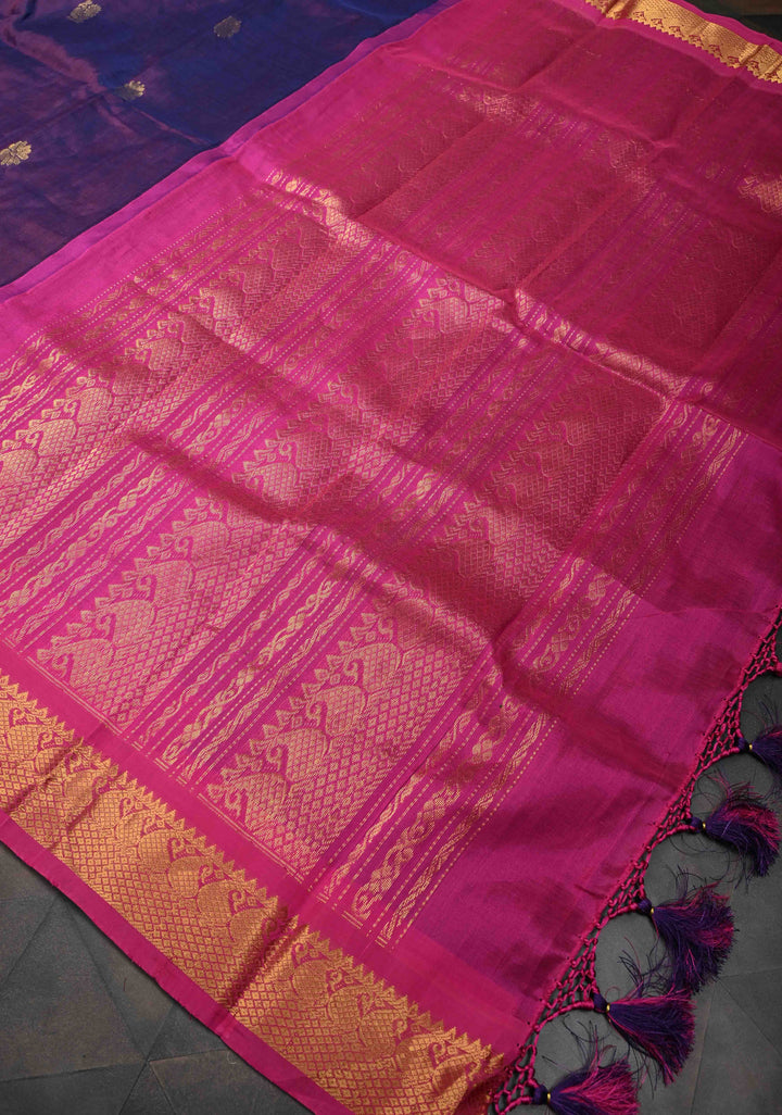 Purple Kanchi Silk Cotton 100% Handloom  Saree with Peacock Motifs and Contrast Zari Border