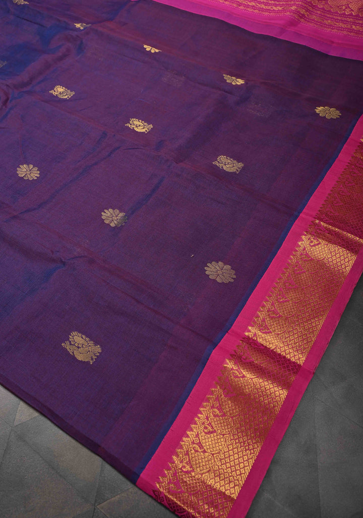Purple Kanchi Silk Cotton 100% Handloom  Saree with Peacock Motifs and Contrast Zari Border
