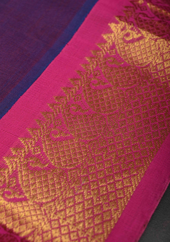 Purple Kanchi Silk Cotton 100% Handloom  Saree with Peacock Motifs and Contrast Zari Border