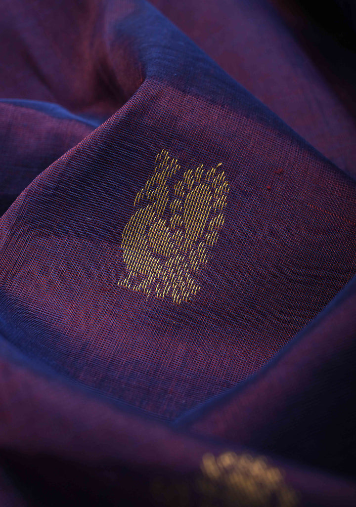 Purple Kanchi Silk Cotton 100% Handloom  Saree with Peacock Motifs and Contrast Zari Border