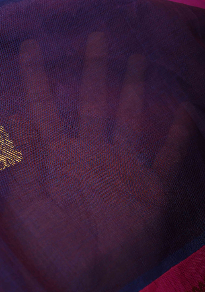 Purple Kanchi Silk Cotton 100% Handloom  Saree with Peacock Motifs and Contrast Zari Border