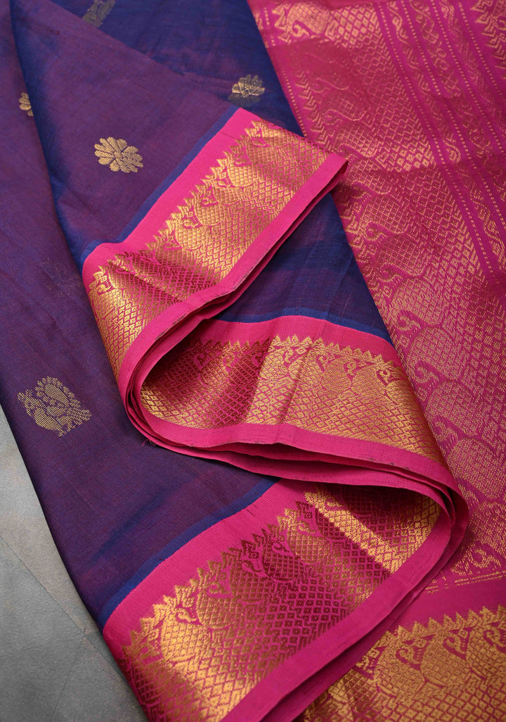 Purple Kanchi Silk Cotton 100% Handloom  Saree with Peacock Motifs and Contrast Zari Border