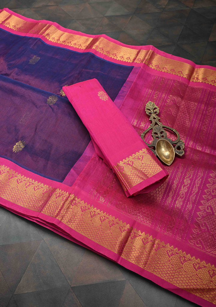 Purple Kanchi Silk Cotton 100% Handloom  Saree with Peacock Motifs and Contrast Zari Border