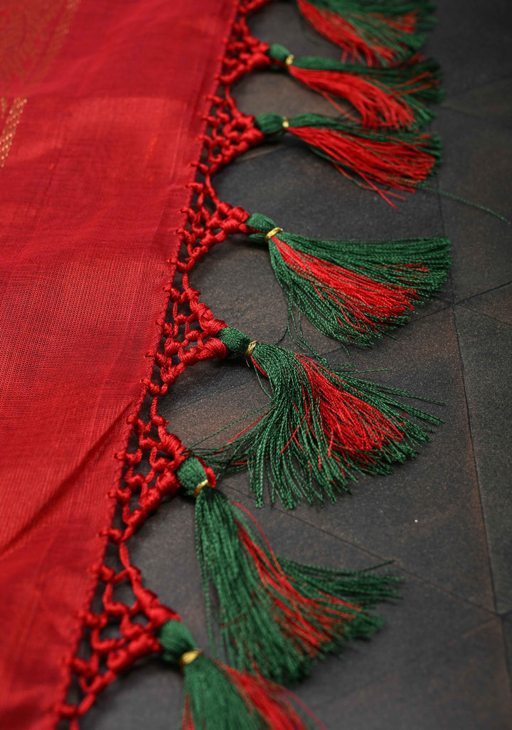 Bottle Green Kanchi Silk Cotton Saree with Zari Buttas and Contrast Zari Border