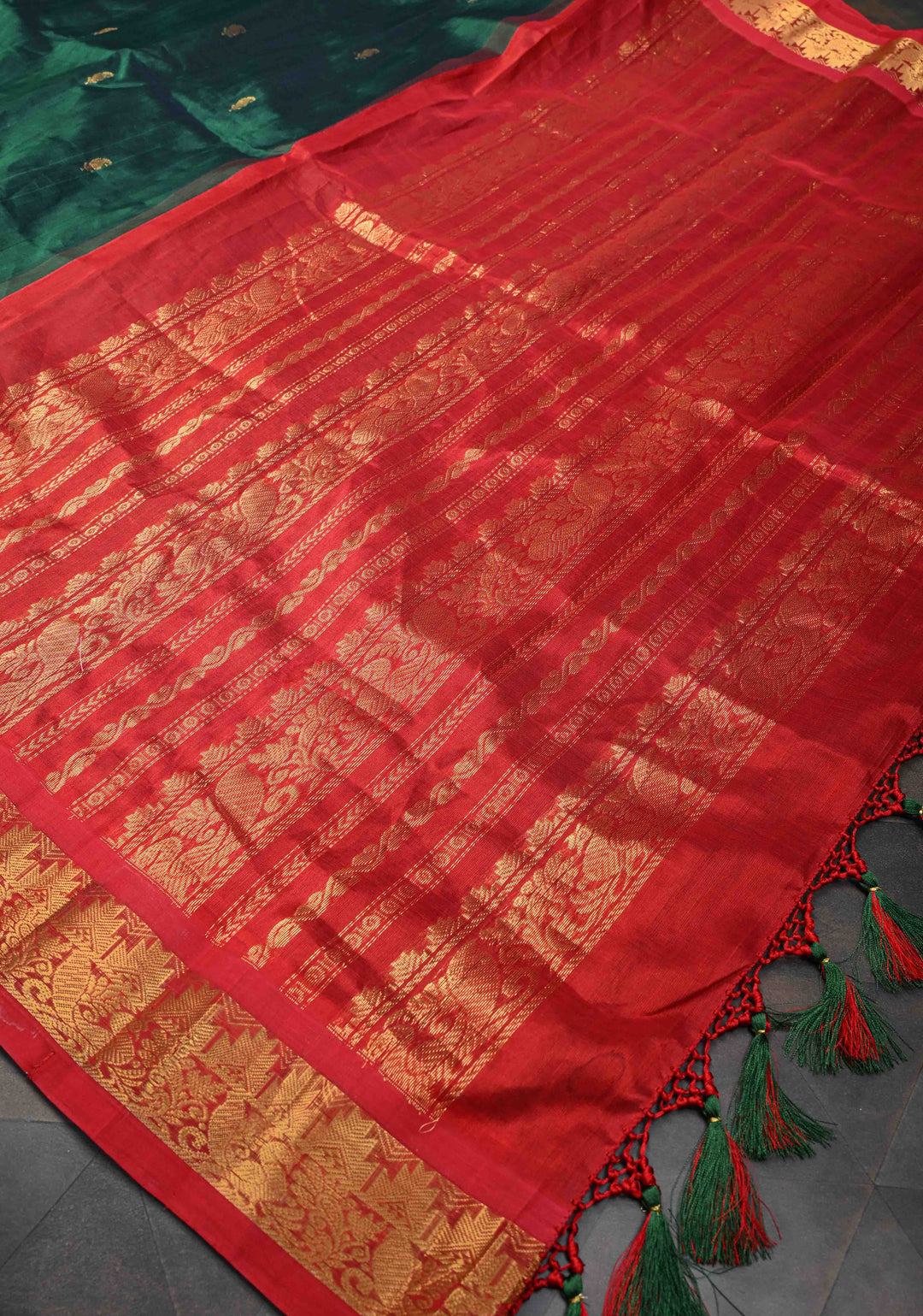 Bottle Green Kanchi Silk Cotton Saree with Zari Buttas and Contrast Zari Border