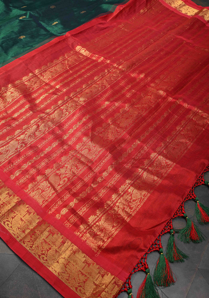 Bottle Green Kanchi Silk Cotton Saree with Zari Buttas and Contrast Zari Border