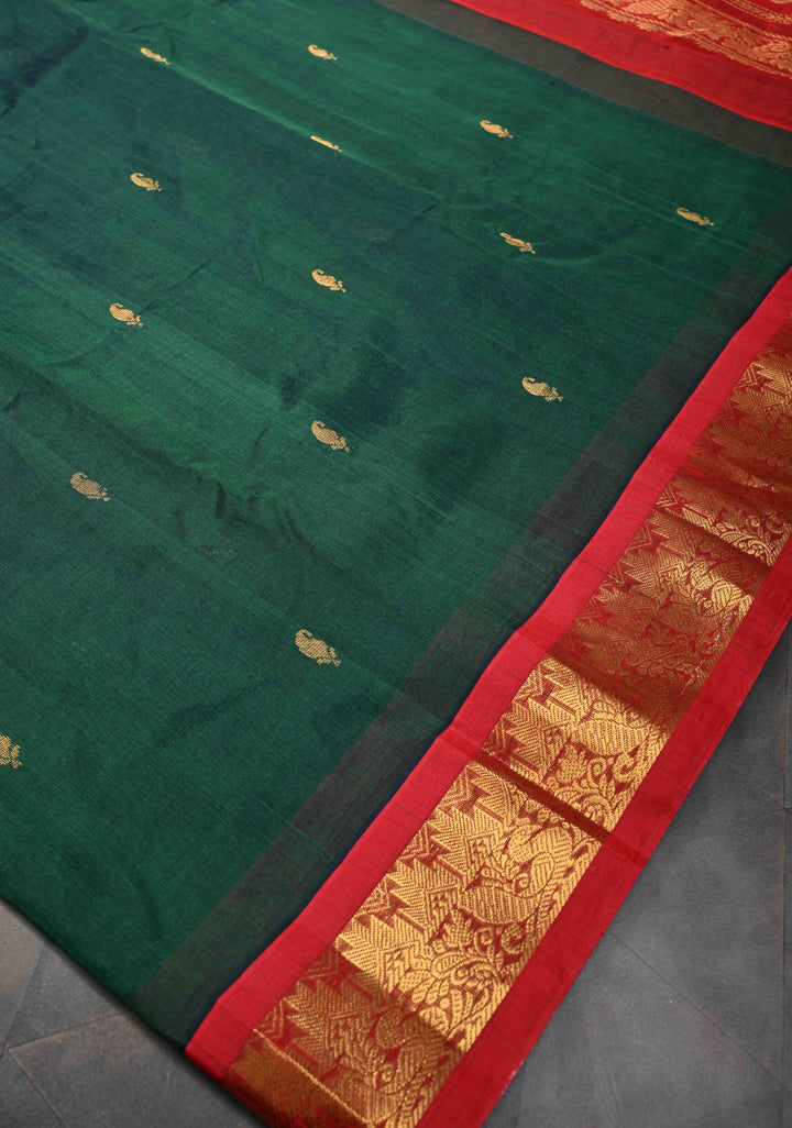 Bottle Green Kanchi Silk Cotton Saree with Zari Buttas and Contrast Zari Border