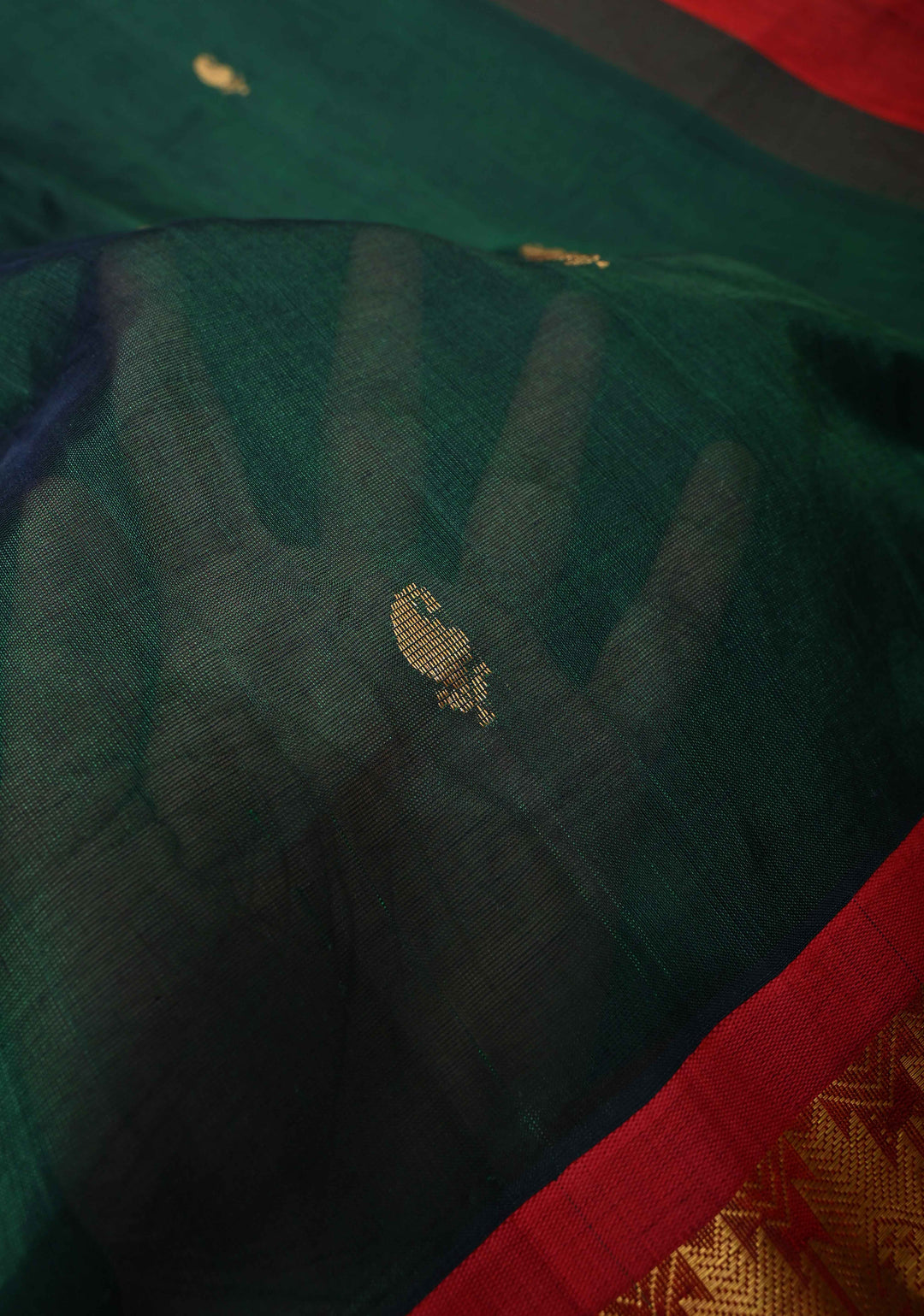 Bottle Green Kanchi Silk Cotton Saree with Zari Buttas and Contrast Zari Border