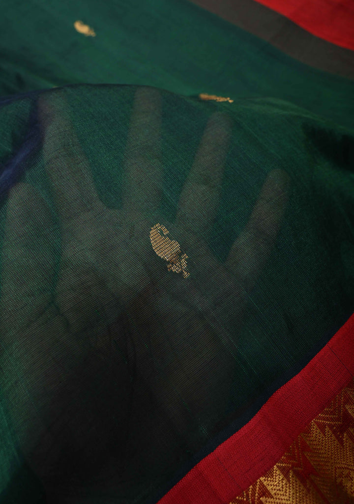 Bottle Green Kanchi Silk Cotton Saree with Zari Buttas and Contrast Zari Border