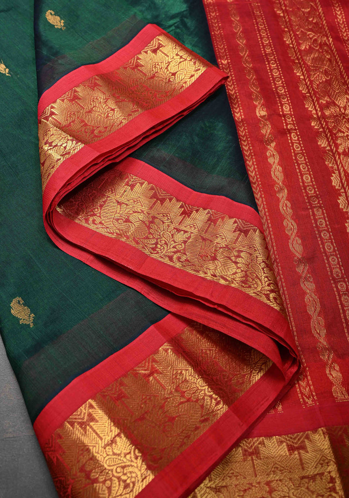 Bottle Green Kanchi Silk Cotton Saree with Zari Buttas and Contrast Zari Border