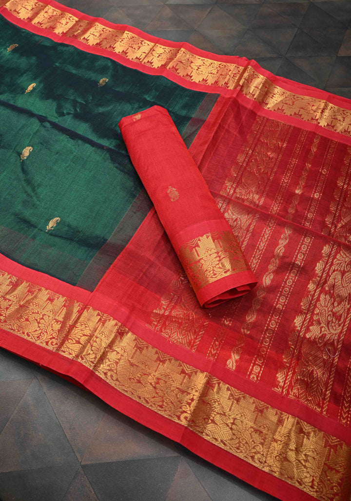 Bottle Green Kanchi Silk Cotton Saree with Zari Buttas and Contrast Zari Border