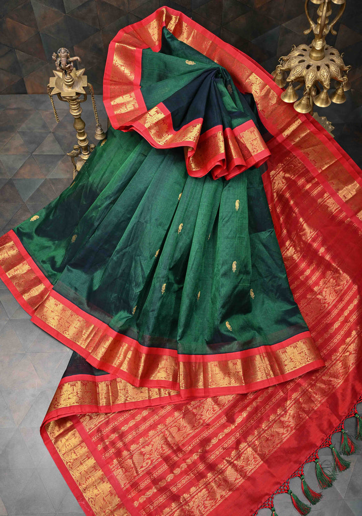 Bottle Green Kanchi Silk Cotton Saree with Zari Buttas and Contrast Zari Border