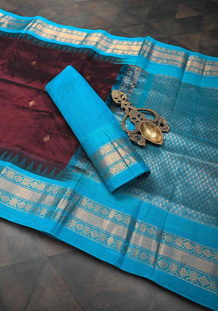 Korvai Dark Brown Kanchi Silk Cotton Handloom Saree with Zari Buttas and Contrast Zari Border
